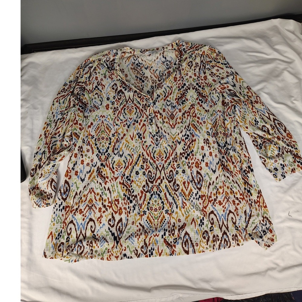 Emily Daniels Womens 3X Multi Color Ikat Floral Ribbed V-Neck 3/4 Sleeve‎ Blouse